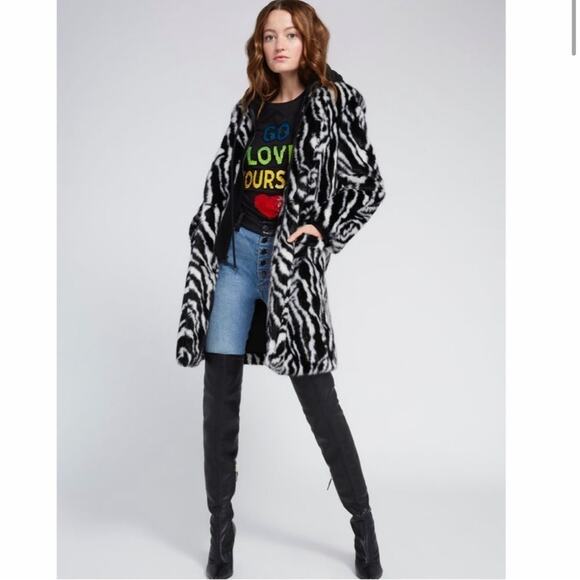 Alice + Olivia Kylie Zebra Fur Coat. 
Removable Zip Lining with Hood. - Picture 1 of 12